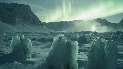 Arctic landscape with icy foreground and aurora display over snowy mountains