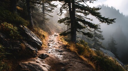 Serene sunrise forest trail curving through fog with soft golden light, misty trees and large blank area on right side ideal for travel quote or inspirational message overlay.