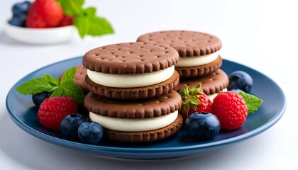 Chocolate sandwich cookies with cream filling, fresh berries, and mint