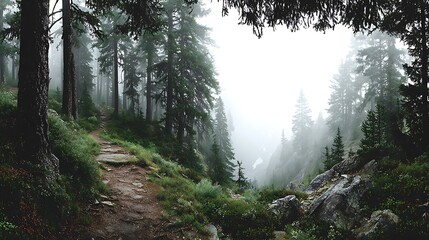 Misty forest hiking trail at sunrise curving gently right with golden rays breaking through trees and large empty space perfect for overlaying motivational travel text.