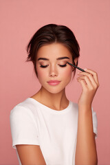 makeup artist fixing brows with pastel background