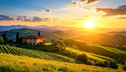 Tuscan villa at sunset.  Rolling hills, vineyards, and golden light