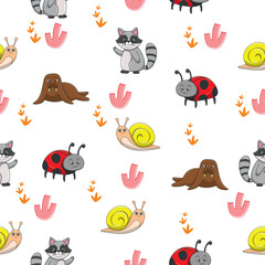 Obraz premium Cute wild animals seamless pattern for baby shower decor, nursery print, kindergarteen wallpaper, fabric, and textile. Vector illustration
