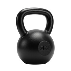 A single, classic black cast iron kettlebell with a smooth, matte finish and well-defined handle, presented in a 3/4 view against a transparent seamless studio background, sharp focus. Concept of