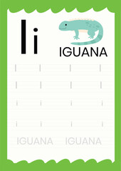 An educational worksheet featuring the letter i with an iguana illustration and writing practice lines