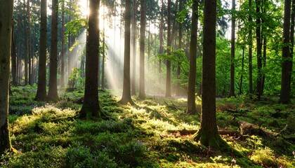 Obraz premium Sunbeams pierce a misty forest, illuminating a carpet of wildflowers and mossy ground