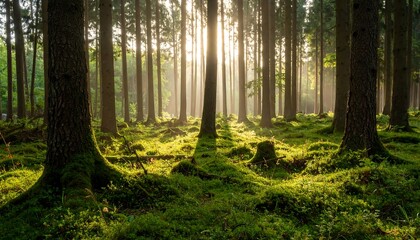 Obraz premium Sunbeams pierce a misty forest, illuminating moss-covered ground (2)