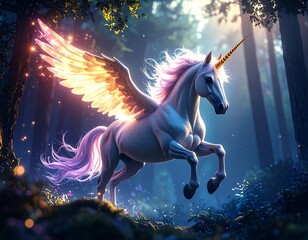 魔法の森を雄大に飛ぶユニコーン