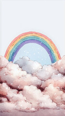 Dreamy rainbow arcs over soft pink clouds with sparkling magic