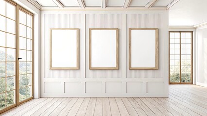 Fototapeta premium Neutral-toned wall with three rectangular blank frames in a row, softly lit with white and light wooden accents.