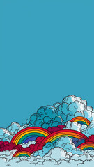 Vibrant rainbows emerge from fluffy clouds against a clear blue sky