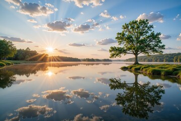 Obraz premium Landscape of still Lake with Perfect Tree Reflection at the sunrise or sunset