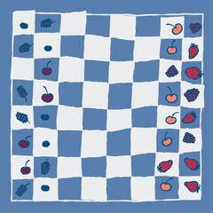 Hand drawn playful chessboard pattern features an irregular blue and white checkerboard adorned with whimsical illustrations of various berries, including cherries, strawberries, and blueberries