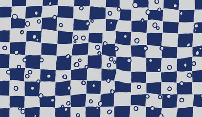 A whimsical, hand drawn checkerboard pattern in deep blue and light grey, dotted with playful, imperfect white circles. Ideal for quirky and organic design projects.