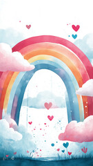 Whimsical rainbow with floating hearts and fluffy clouds inspires joy