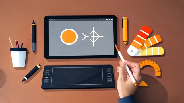 Digital design workspace featuring a tablet, color swatches, and drawing tools, showcasing creativity