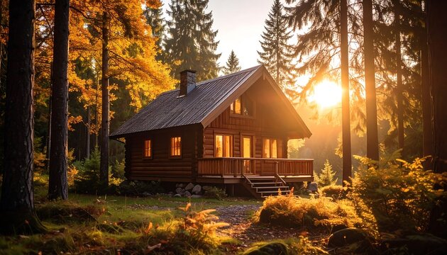 Rustic log cabin bathed in golden autumn sun, nestled in a forest