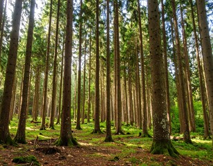 Naklejka premium Sun-dappled forest floor, tall, slender evergreens