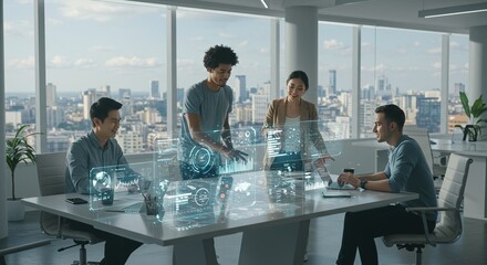 Dynamic team collaborates using futuristic holographic interface in a modern office with city views
