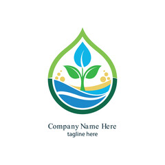 "Eco-friendly agriculture logo with sprouting plant inside a water droplet – green and blue color scheme"
