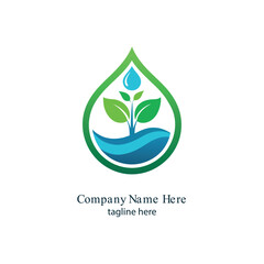 "Eco-friendly agriculture logo with sprouting plant inside a water droplet – green and blue color scheme"
