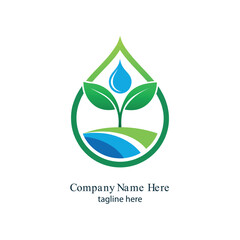 "Eco-friendly agriculture logo with sprouting plant inside a water droplet – green and blue color scheme"
