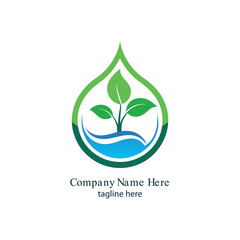 "Eco-friendly agriculture logo with sprouting plant inside a water droplet – green and blue color scheme"

