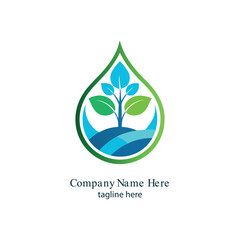 "Eco-friendly agriculture logo with sprouting plant inside a water droplet – green and blue color scheme"
