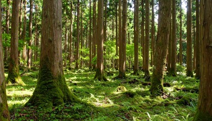 Fototapeta premium Sun-dappled forest floor with moss-covered trees