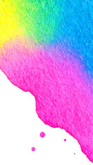 Vibrant watercolor splash in pink, blue, and yellow creates a joyful background.
