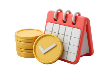 3d calendar with stack of coins and check mark isolated on transparent background