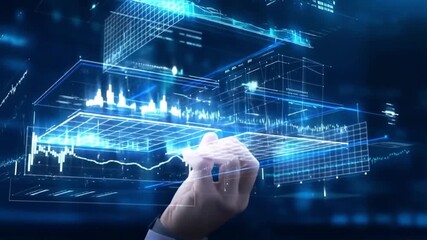 Hand interacting with futuristic digital data visualization of stock charts - Powered by Adobe