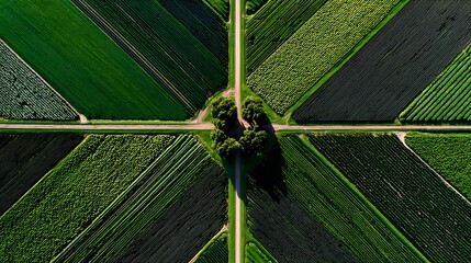 Top aerial shot of farmland showing symmetrical geometric crop patterns with a central dirt path providing clear natural space perfect for text placement or design background