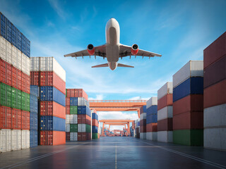 cargo shiplogistics at the airport. Airplane Over Shipping Yard – Aerial View of Global Logistics and Cargo Transportation