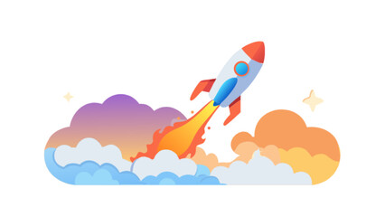 A cartoon rocket ship blasting off into the sky with clouds and stars around it design