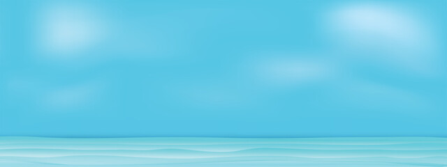 Panoramic landscape illustration of the ocean with blue sky and clouds in background and gentle waves