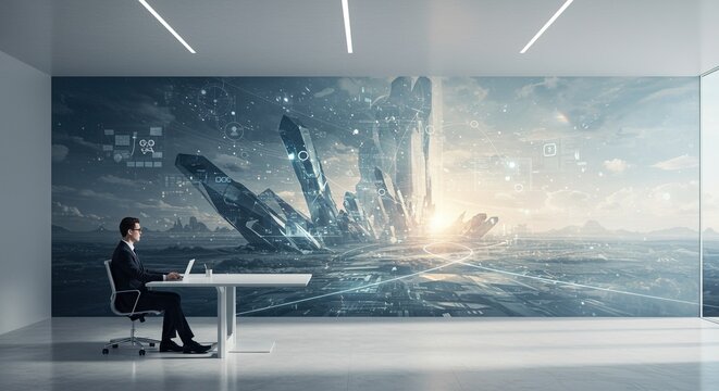 Confident businessman uses laptop in modern office overlooking futuristic crystal cityscape with data visualizations