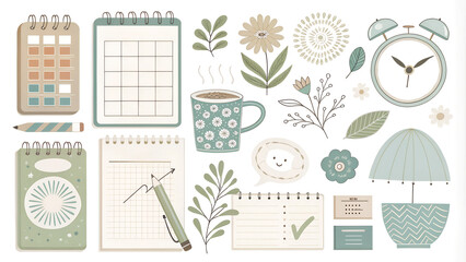 Minimalist pastel planner stickers featuring botanical elements, clocks, and productivity icons. Perfect for digital planners, bullet journals, and organizational templates.

