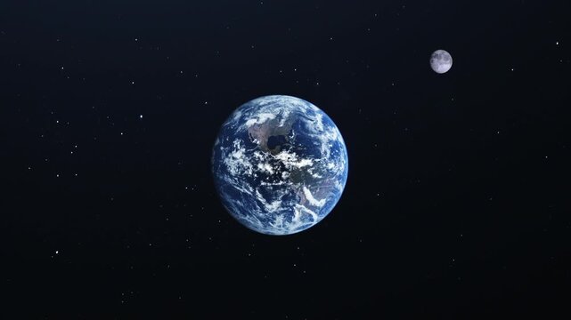 Planet Earth and Moon rotating slowly in space