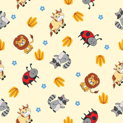 Cute wild animals seamless pattern for baby shower decor, nursery print, kindergarteen wallpaper, fabric, and textile. Vector illustration