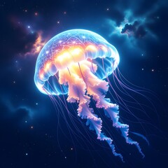 Glowing Jellyfish in Futuristic Neon Cityscape, Surreal Urban Underwater Scene, Generated AI