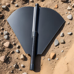 Modern folding steel entrenching tool on a white background