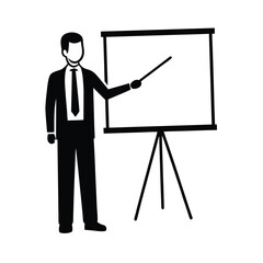 Businessman in a suit pointing at a blank whiteboard, symbolizing success and a new concept for the company