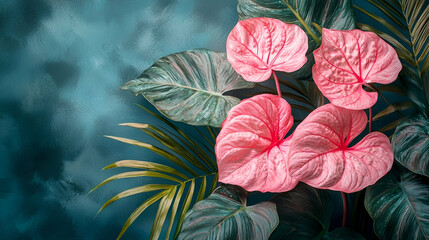 Anthurium flower wallpaper background with tropical leaves and pink floral design for home decor art print
