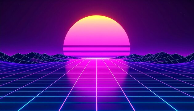 Futuristic sunset over a digital landscape