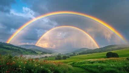 Naklejka premium Vibrant double rainbow over lush green hills and blooming wildflowers in a serene rural landscape after rain