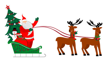 Santa ride sleigh with reindeer in the white background. Vector christmas illustration. Santa Claus with Reindeer and Snowman sliding down in a sleigh with Christmas gifts.