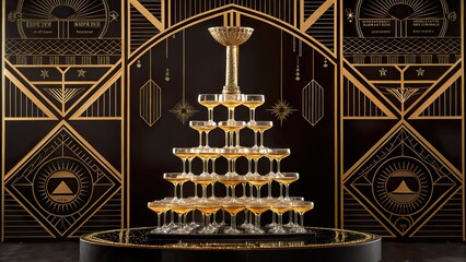 Glamorous art deco champagne tower showcasing elegance and opulence at an upscale celebration venue in the evening