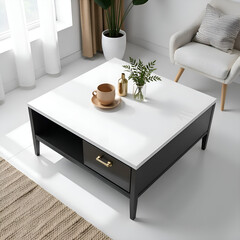 Black and white Scandinavian design wooden coffee table with hidden storage, square shape, top view in living room setting.