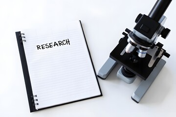 Fototapeta premium Microscope and Notebook With Research Text For Scientific Study